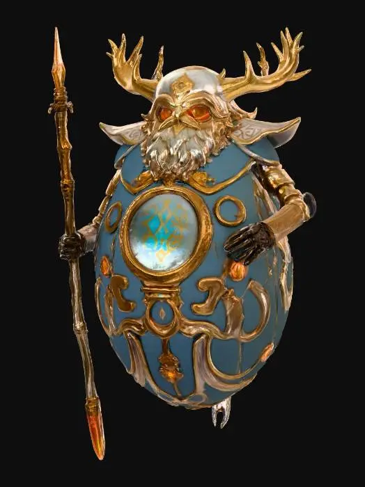 3D model for fantasy egg-shaped mage, floating slightly above the ground, ornate runic shell covered in glowing symbols, tiny mechanical arms holding a staff, faint magical aura surrounding the shell, glowing eyes carved into the surface, hovering cloth fragments like a robe or cape, elegant and mysterious atmosphere, extremely detailed, cinematic lighting, #villain#,