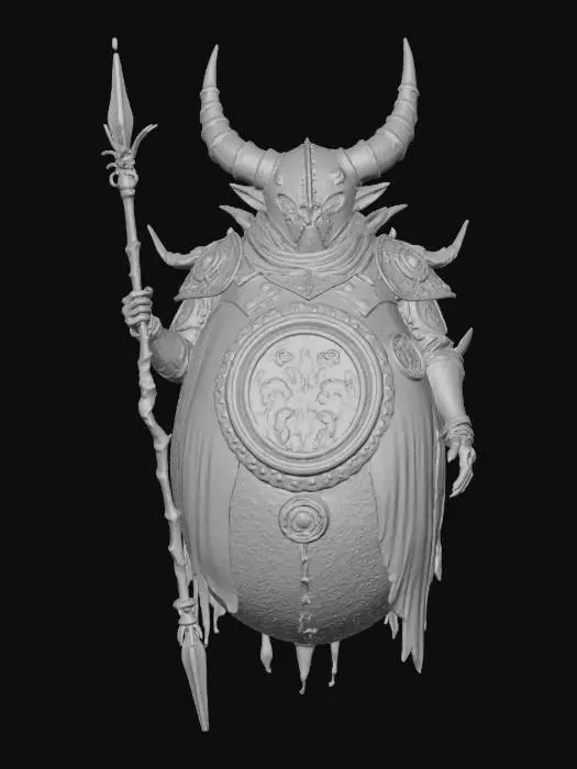 3D model for fantasy egg-shaped mage, floating slightly above the ground, ornate runic shell covered in glowing symbols, tiny mechanical arms holding a staff, faint magical aura surrounding the shell, glowing eyes carved into the surface, hovering cloth fragments like a robe or cape, elegant and mysterious atmosphere, extremely detailed, cinematic lighting, #villain#,