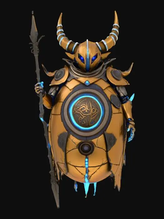 3D model for fantasy egg-shaped mage, floating slightly above the ground, ornate runic shell covered in glowing symbols, tiny mechanical arms holding a staff, faint magical aura surrounding the shell, glowing eyes carved into the surface, hovering cloth fragments like a robe or cape, elegant and mysterious atmosphere, extremely detailed, cinematic lighting, #villain#,