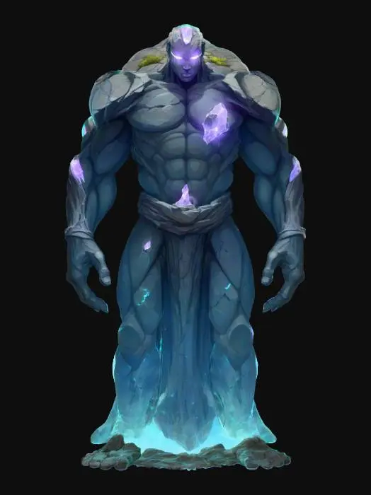 3D model for floating stone elemental; colossal entity made of massive stone fragments, each separated and levitating, no physical contact; glowing arcane energy streams between the rocks hold the body together; torso a cluster of cracked boulders with glowing light between gaps; arms and legs formed of floating slabs and shards drifting slightly apart; head a levitating stone mask with glowing runes, hovering above shoulders; pieces rotate slowly, aligned by unseen force; aura ancient, mystical, otherworldly; extremely detailed, high resolution texture, epic stance; color scheme obsidian black, glowing cyan veins, faint violet highlights, #villain#