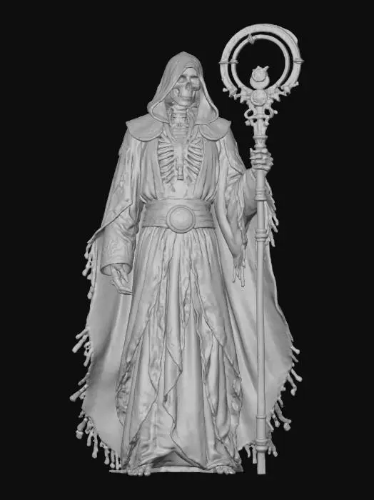 3D model for aether lich, ancient skeletal sorcerer fused with brass and glass machinery, glowing aether core in chest, pipes and tubes emitting pale blue steam, flowing tattered robe with metallic filigree, floating slightly above the ground, ornate mechanical staff with glowing symbols, high sharp resolution, extremely detailed, hyperrealistic, dark fantasy steampunk style, cinematic lighting, #villain