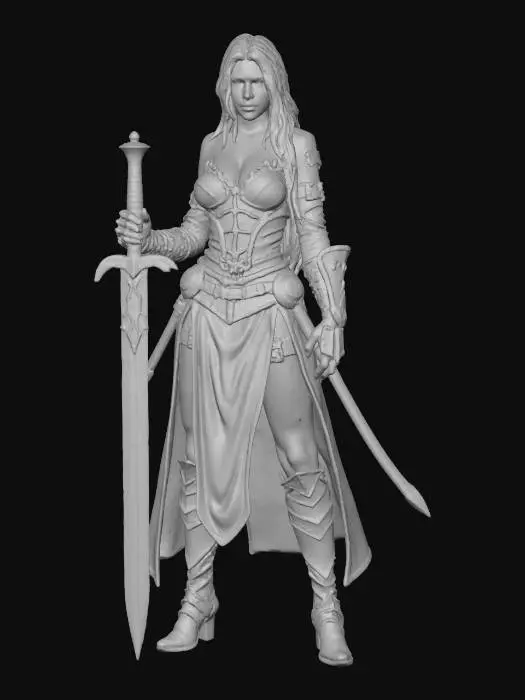 3D model for fantasy female barbarian, massive body but graceful curves, body dressed in simple robes, leather armor, tough but pretty face, in attack, holding a massive sword in her hand, extremely detailed, high resolution texture, epic proud stance