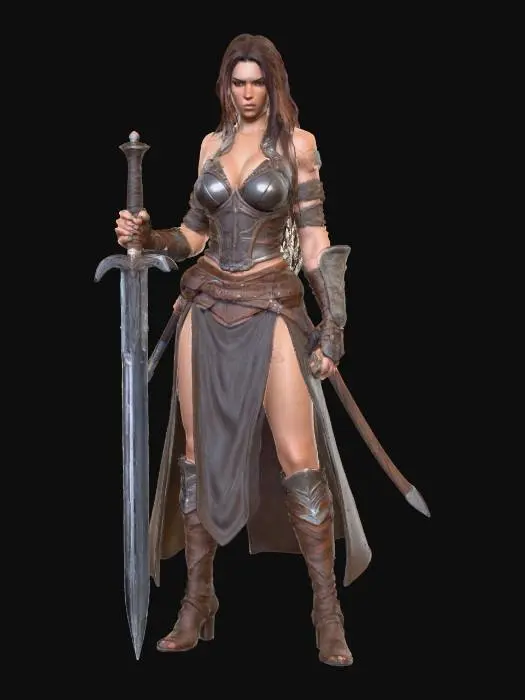 3D model for fantasy female barbarian, massive body but graceful curves, body dressed in simple robes, leather armor, tough but pretty face, in attack, holding a massive sword in her hand, extremely detailed, high resolution texture, epic proud stance