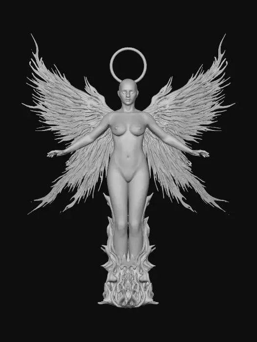 3D model for fantasy phoenix maiden, graceful female figure rising from ashes, body made of glowing red glass and golden embers, elegant dress transforming into flowing fire feathers, hair flowing upward like living flame, golden ornaments shaped like wings and sun symbols, eyes burning with inner light, soft aura of heat distortion and sparks, standing in an elegant pose of rebirth, extremely detailed, high sharp resolution, cinematic fantasy art style