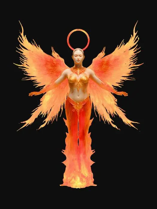 3D model for fantasy phoenix maiden, graceful female figure rising from ashes, body made of glowing red glass and golden embers, elegant dress transforming into flowing fire feathers, hair flowing upward like living flame, golden ornaments shaped like wings and sun symbols, eyes burning with inner light, soft aura of heat distortion and sparks, standing in an elegant pose of rebirth, extremely detailed, high sharp resolution, cinematic fantasy art style