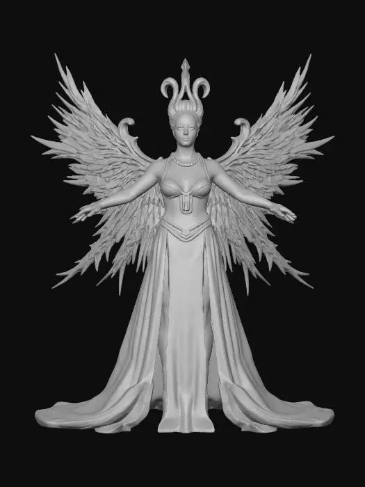 3D model for fantasy phoenix maiden, graceful female figure rising from ashes, body made of glowing red glass and golden embers, elegant dress transforming into flowing fire feathers, hair flowing upward like living flame, golden ornaments shaped like wings and sun symbols, eyes burning with inner light, soft aura of heat distortion and sparks, standing in an elegant pose of rebirth, extremely detailed, high sharp resolution, cinematic fantasy art style