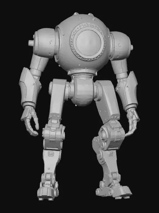 3D model for rripod war construct, massive non-humanoid machine towering over ruins, central spherical core glowing with molten orange energy, three huge mechanical legs with jointed armor and hydraulic pistons, metal plating covered in scorch marks, energy conduits running along limbs, dark sci-fi fantasy style, cinematic lighting, highly detailed, epic and imposing stance, extremely detailed