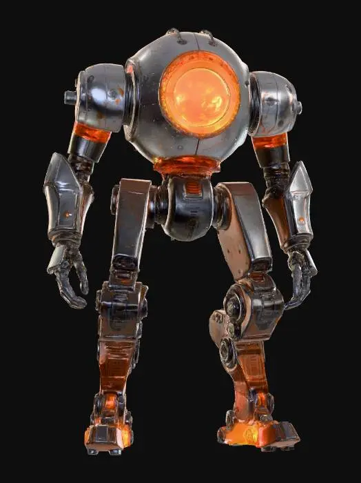 3D model for rripod war construct, massive non-humanoid machine towering over ruins, central spherical core glowing with molten orange energy, three huge mechanical legs with jointed armor and hydraulic pistons, metal plating covered in scorch marks, energy conduits running along limbs, dark sci-fi fantasy style, cinematic lighting, highly detailed, epic and imposing stance, extremely detailed