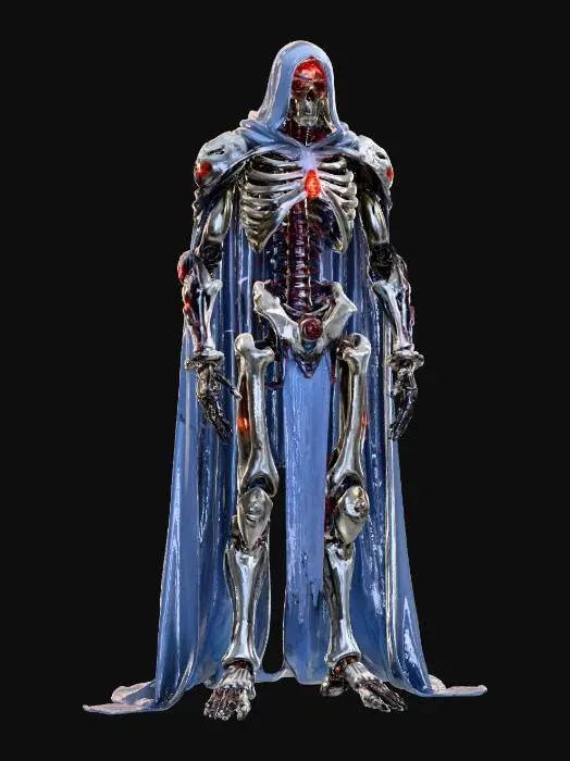 3D model for cybernetic grim reaper; tall skeletal cyborg warrior cloaked in torn metallic shroud; mechanical skull with glowing red optics and cables trailing like hair; body made of blackened steel bones, exposed hydraulics and synthetic tendons; chest core pulsating with dark energy; wielding an energy scythe made of plasma and nanoblades; armor engraved with digital runes, corroded and battle-worn; torn cape of scorched carbon fiber; aura terrifying, mocking the concept of life itself; extremely detailed, cinematic dark sci-fi fantasy style; color scheme black steel, crimson glow, burnt bronze, faint violet sparks, extremely detailed, high resolution texture, epic stance