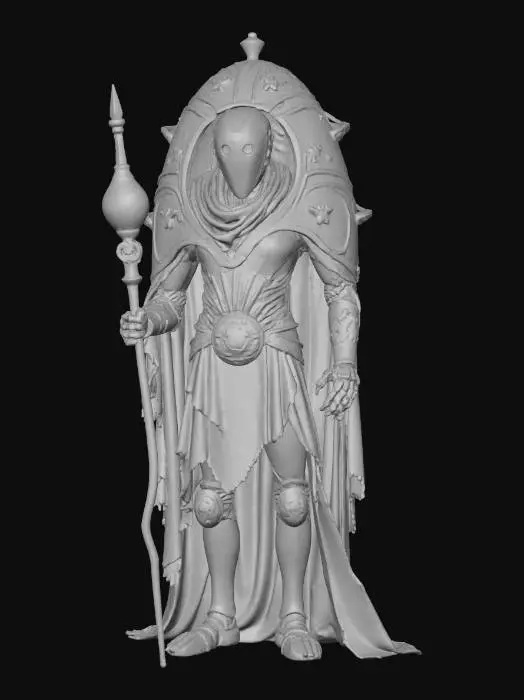 3D model for robotic egg-shaped mage, hovering slightly above the ground, metallic shell engraved with glowing runes and circuit-like symbols, two small mechanical arms holding a staff with an energy crystal, carved glowing eyes on the shell, surrounded by faint magical energy and floating cloth fragments like a tattered robe or cape, elegant yet menacing presence, detailed sci-fi fantasy design, cinematic lighting, ultra-detailed texture, epic picture