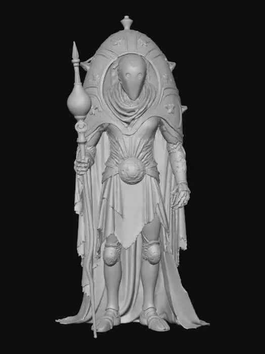 3D model for robotic egg-shaped mage, hovering slightly above the ground, metallic shell engraved with glowing runes and circuit-like symbols, two small mechanical arms holding a staff with an energy crystal, carved glowing eyes on the shell, surrounded by faint magical energy and floating cloth fragments like a tattered robe or cape, elegant yet menacing presence, detailed sci-fi fantasy design, cinematic lighting, ultra-detailed texture, epic picture