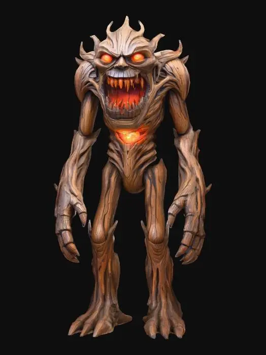 3D model for wooden golem inspired by a monstrous cabinet; bulky humanoid body carved from dark ancient wood; large fanged mouth on chest glowing from inside with fiery orange light; eyes bright and menacing, carved directly into the wood grain; thick limbs formed from twisted roots and bark; surface rough, cracked and aged with subtle burnt tones; inside of mouth detailed with realistic teeth and glowing red interior; atmosphere eerie, alive yet made of wood; cinematic lighting, realistic fantasy style, highly detailed textures – dark wood, glowing amber light, burnt edges, faint moss, extremely detailed, high resolution texture, epic stance