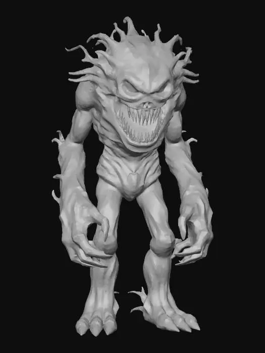 3D model for wooden golem inspired by a monstrous cabinet; bulky humanoid body carved from dark ancient wood; large fanged mouth on chest glowing from inside with fiery orange light; eyes bright and menacing, carved directly into the wood grain; thick limbs formed from twisted roots and bark; surface rough, cracked and aged with subtle burnt tones; inside of mouth detailed with realistic teeth and glowing red interior; atmosphere eerie, alive yet made of wood; cinematic lighting, realistic fantasy style, highly detailed textures – dark wood, glowing amber light, burnt edges, faint moss, extremely detailed, high resolution texture, epic stance