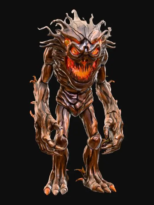 3D model for wooden golem inspired by a monstrous cabinet; bulky humanoid body carved from dark ancient wood; large fanged mouth on chest glowing from inside with fiery orange light; eyes bright and menacing, carved directly into the wood grain; thick limbs formed from twisted roots and bark; surface rough, cracked and aged with subtle burnt tones; inside of mouth detailed with realistic teeth and glowing red interior; atmosphere eerie, alive yet made of wood; cinematic lighting, realistic fantasy style, highly detailed textures – dark wood, glowing amber light, burnt edges, faint moss, extremely detailed, high resolution texture, epic stance