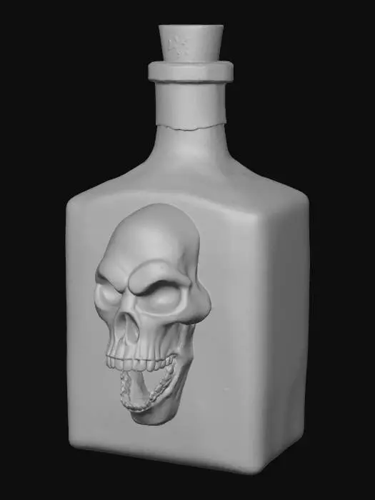 3D model for terrifying fantasy wraith emerging from a cracked square glass bottle, symbolizing the spirit of alcohol. The bottle is thick and old, made of dark smoky glass with glowing cracks and metallic cap engraved with runes. The wraith’s body is half-liquid, half-vapor, made of swirling translucent fumes that glow in amber and teal light. Its face is skeletal, eyes glowing with golden rage, ghostly mouth open in a silent scream. Around it, faint shapes of skulls and souls twist in the vapor. The creature lunges forward violently as if attacking, long smoky tendrils trailing behind. Style: hyperrealistic, cinematic lighting, dark fantasy atmosphere, dramatic motion and depth, extremely detailed, high resolution texture, epic stance