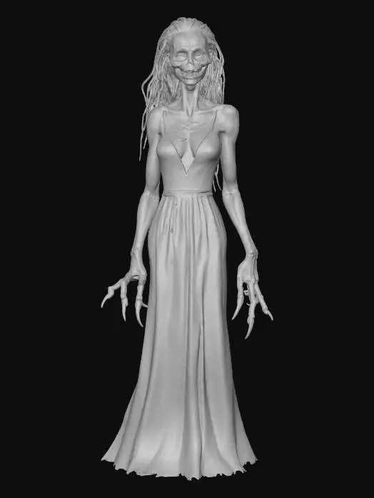 3D model for twisted halloween female horror; tall, slender woman with eerie elegance and unnerving proportions; pale gray cracked skin with faint blue veins and hints of decay; elongated face with hollow glowing eyes and a wide, twisted smile full of jagged teeth; posture crooked, limbs elongated with sharp black claws; wears a dark tattered gown that moves like drifting smoke and shadows; long black hair floats as if in zero gravity; faint orange and green Halloween light reflections across her form; atmosphere cold, haunted, cinematic horror style; highly detailed, realistic texture, 8k resolution, dramatic lighting, epic stance, #Halloween2025#