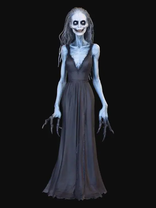 3D model for twisted halloween female horror; tall, slender woman with eerie elegance and unnerving proportions; pale gray cracked skin with faint blue veins and hints of decay; elongated face with hollow glowing eyes and a wide, twisted smile full of jagged teeth; posture crooked, limbs elongated with sharp black claws; wears a dark tattered gown that moves like drifting smoke and shadows; long black hair floats as if in zero gravity; faint orange and green Halloween light reflections across her form; atmosphere cold, haunted, cinematic horror style; highly detailed, realistic texture, 8k resolution, dramatic lighting, epic stance, #Halloween2025#