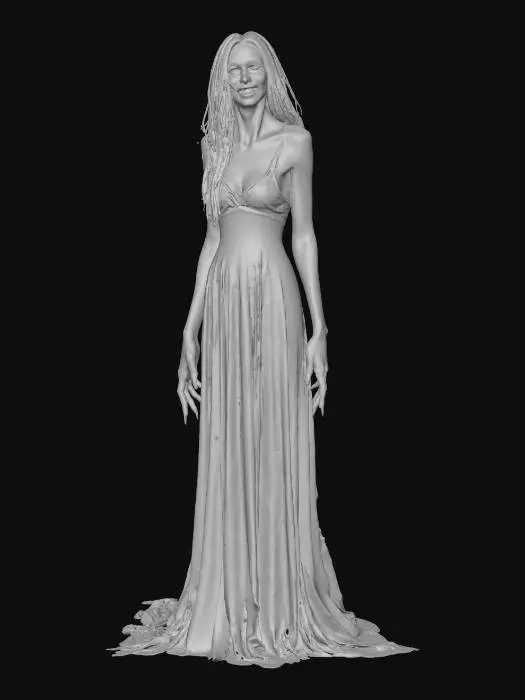 3D model for twisted halloween female horror; tall, slender woman with eerie elegance and unnerving proportions; pale gray cracked skin with faint blue veins and hints of decay; elongated face with hollow glowing eyes and a wide, twisted smile full of jagged teeth; posture crooked, limbs elongated with sharp black claws; wears a dark tattered gown that moves like drifting smoke and shadows; long black hair floats as if in zero gravity; faint orange and green Halloween light reflections across her form; atmosphere cold, haunted, cinematic horror style; highly detailed, realistic texture, 8k resolution, dramatic lighting, epic stance, #Halloween2025#