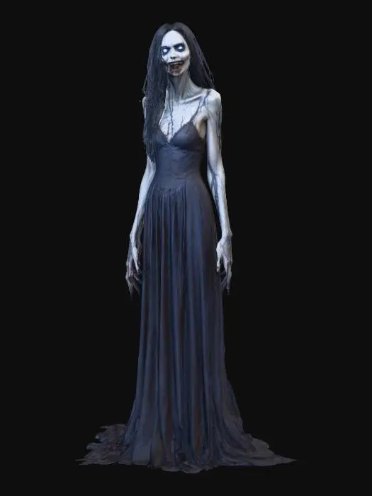 3D model for twisted halloween female horror; tall, slender woman with eerie elegance and unnerving proportions; pale gray cracked skin with faint blue veins and hints of decay; elongated face with hollow glowing eyes and a wide, twisted smile full of jagged teeth; posture crooked, limbs elongated with sharp black claws; wears a dark tattered gown that moves like drifting smoke and shadows; long black hair floats as if in zero gravity; faint orange and green Halloween light reflections across her form; atmosphere cold, haunted, cinematic horror style; highly detailed, realistic texture, 8k resolution, dramatic lighting, epic stance, #Halloween2025#
