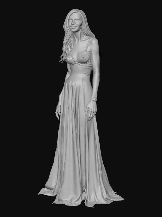 3D model for twisted halloween female horror; tall, slender woman with eerie elegance and unnerving proportions; pale gray cracked skin with faint blue veins and hints of decay; elongated face with hollow glowing eyes and a wide, twisted smile full of jagged teeth; posture crooked, limbs elongated with sharp black claws; wears a dark tattered gown that moves like drifting smoke and shadows; long black hair floats as if in zero gravity; faint orange and green Halloween light reflections across her form; atmosphere cold, haunted, cinematic horror style; highly detailed, realistic texture, 8k resolution, dramatic lighting, epic stance, #Halloween2025#