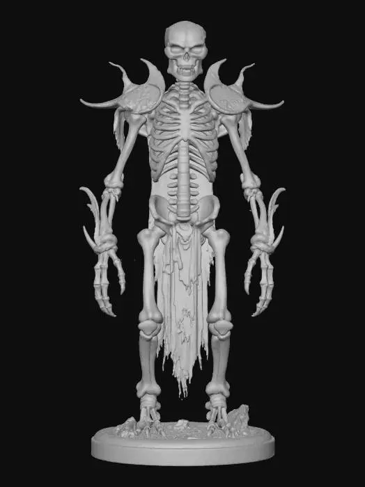 3D model for dark fantasy skeletal chimera abomination miniature for 3D printing; twisted undead creature formed from fused bones and skulls, asymmetrical limbs, hunched pose, hollow ribcage, exposed spine, rune-carved bone plates and fragments of ancient armor, cracked skull, glowing necromantic eyes, jagged claws, bone spikes from joints, tattered cloth remnants, ritual gems embedded in bone, eerie cursed aura with floating bone splinters, menacing stance, stylized but realistic skeletal anatomy, sharp bone edges, high detail sculpt, dramatic curves, gothic horror mood, ZBrush collectible style, clean turntable presentation, cinematic shading, no base, extremely detailed, high resolution texture, epic stance