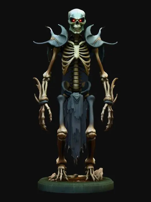 3D model for dark fantasy skeletal chimera abomination miniature for 3D printing; twisted undead creature formed from fused bones and skulls, asymmetrical limbs, hunched pose, hollow ribcage, exposed spine, rune-carved bone plates and fragments of ancient armor, cracked skull, glowing necromantic eyes, jagged claws, bone spikes from joints, tattered cloth remnants, ritual gems embedded in bone, eerie cursed aura with floating bone splinters, menacing stance, stylized but realistic skeletal anatomy, sharp bone edges, high detail sculpt, dramatic curves, gothic horror mood, ZBrush collectible style, clean turntable presentation, cinematic shading, no base, extremely detailed, high resolution texture, epic stance