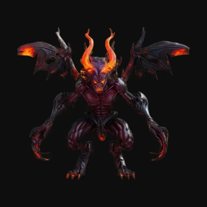 3D model for fantasy fiery cyborg demon, in attack, claws extended forward, obsidian armor, cracked lava body, hovering in the air, extremely details