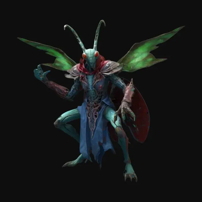 3D model for fantasy humanoid lich combined with a praying mantis, a shield-like bony body standing on two or four limbs, sometimes chitinous armor, the body is covered with pieces of torn robes fluttering in the wind, in attack, floating in air, extremely details, high resolution texture, epic stance