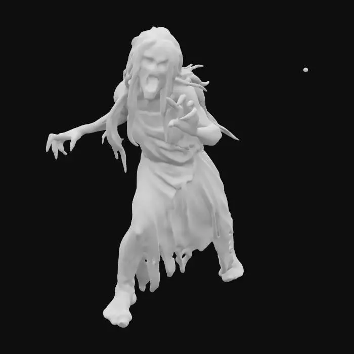 3D model for fantasy banshee ghost, extremely emaciated figure, long white flowing hair, torn silk dress fluttering in the wind, bony outstretched hands with claws, in action, floating in the air, most often widely screaming, extremely detailed, high resolution texture, epic stance
