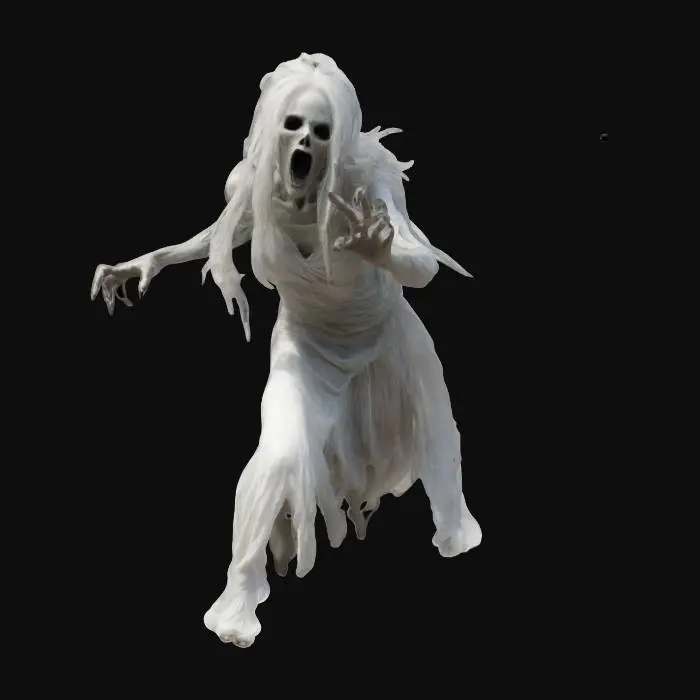 3D model for fantasy banshee ghost, extremely emaciated figure, long white flowing hair, torn silk dress fluttering in the wind, bony outstretched hands with claws, in action, floating in the air, most often widely screaming, extremely detailed, high resolution texture, epic stance