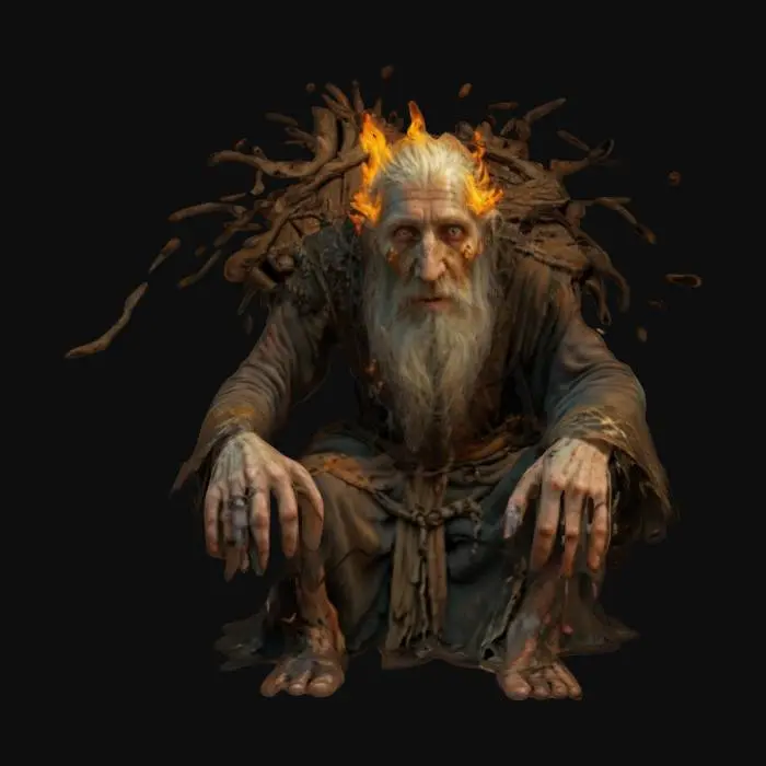 3D model for fantasy decrepit hermit wizard, connected to nature, decrepit emaciated and hunched body, eyes have an extinguished flame and dead light, clothing is an old decorative robe on which runes and symbols of bygone times shine, extremely detailed, high-resolution texture, epic looks