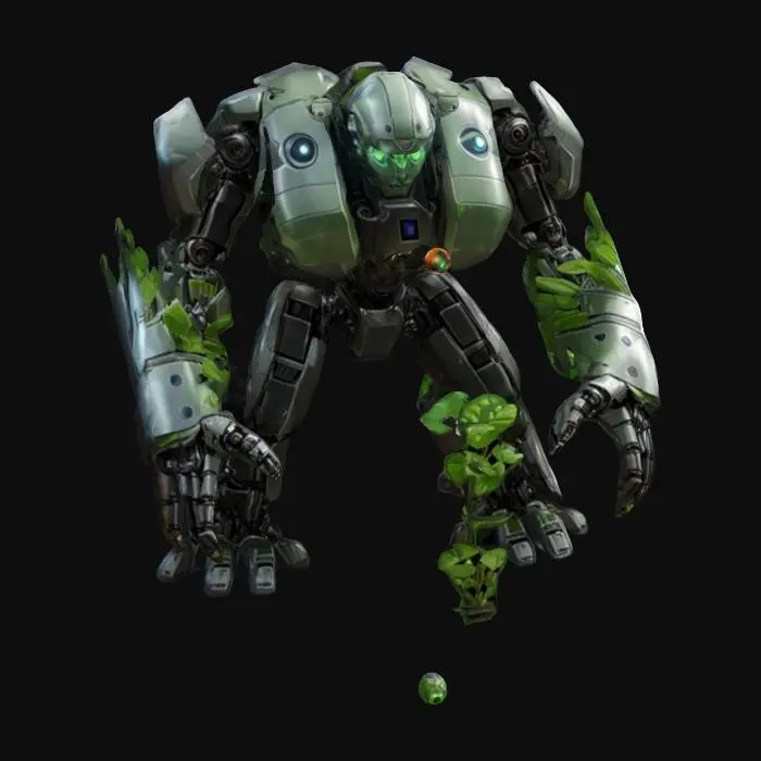 3D model for sci-fi robotic cyborg, protecting a plant, cyborg's massive body is covered in plastic-metal, radiating a force field that protects a small flowering plant, the plant is enclosed under a force field, extremely detailed high-resolution texture, epic stance, #valentine#