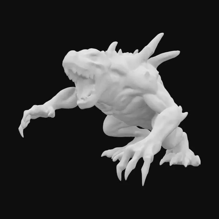 3D model for fantasy creature living underground, massive body covered with moon-like craters, standing on massive limbs, large paws tipped with claws, open mouth full of gleaming fangs, on the attack, paws extended in front, extremely detailed, high-resolution texture, epic stance