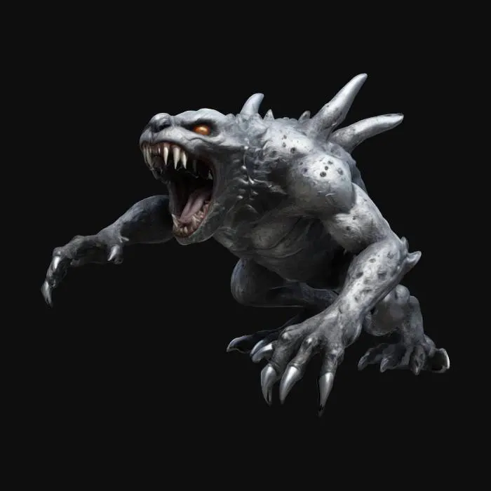 3D model for fantasy creature living underground, massive body covered with moon-like craters, standing on massive limbs, large paws tipped with claws, open mouth full of gleaming fangs, on the attack, paws extended in front, extremely detailed, high-resolution texture, epic stance
