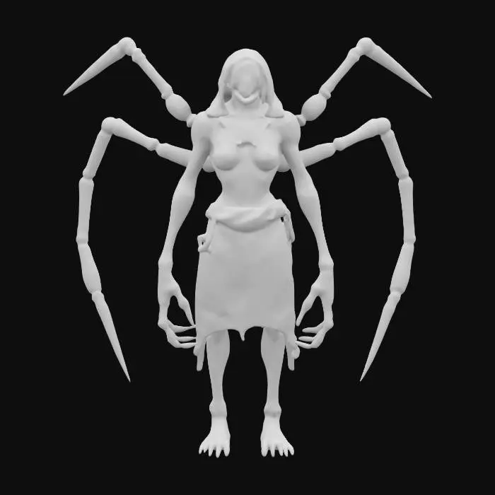 3D model for sci-fi fantasy robotic spider humanoid creature, spider body and humanoid like structure, terrifying expression, spider in attack, clawed limbs, covered in torn clothes, extremely details, high resolution texture, epic stance