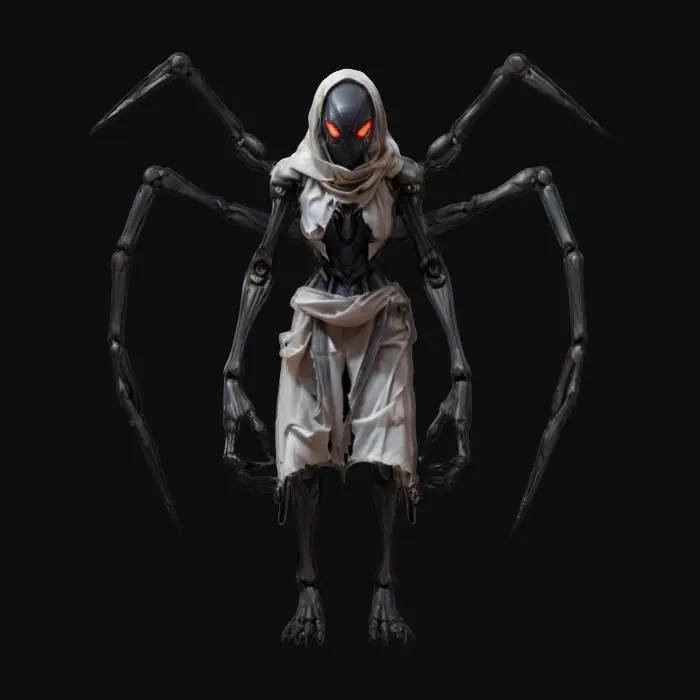 3D model for sci-fi fantasy robotic spider humanoid creature, spider body and humanoid like structure, terrifying expression, spider in attack, clawed limbs, covered in torn clothes, extremely details, high resolution texture, epic stance