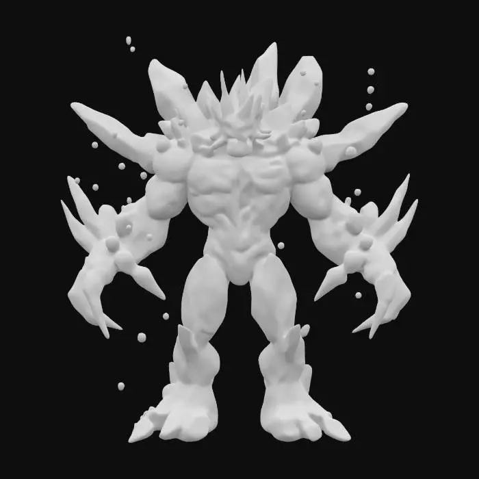 3D model for fantasy crystal elemental, several individual unconnected crystals floating next to each other form its body, the crystals emit bright light, light jumps from individual crystals to other crystals, extremely details, high resolution texture, epic stance