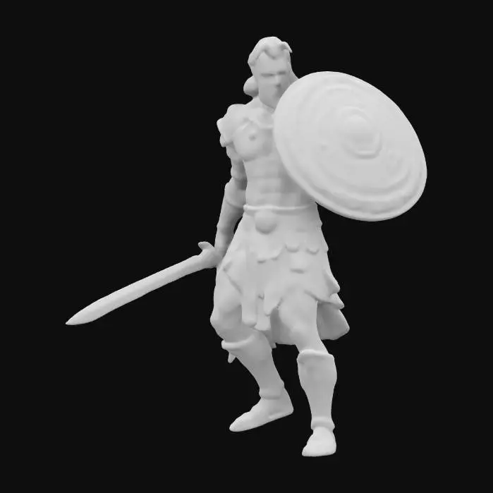 3D model for fantasy ancient Greek demigod warrior, massive muscular body, dressed in a tunic with Greek symbols, weapons in hand (sword and shield or spear), harsh expression on face, action stance, extremely details, high resolution texture, epic picture