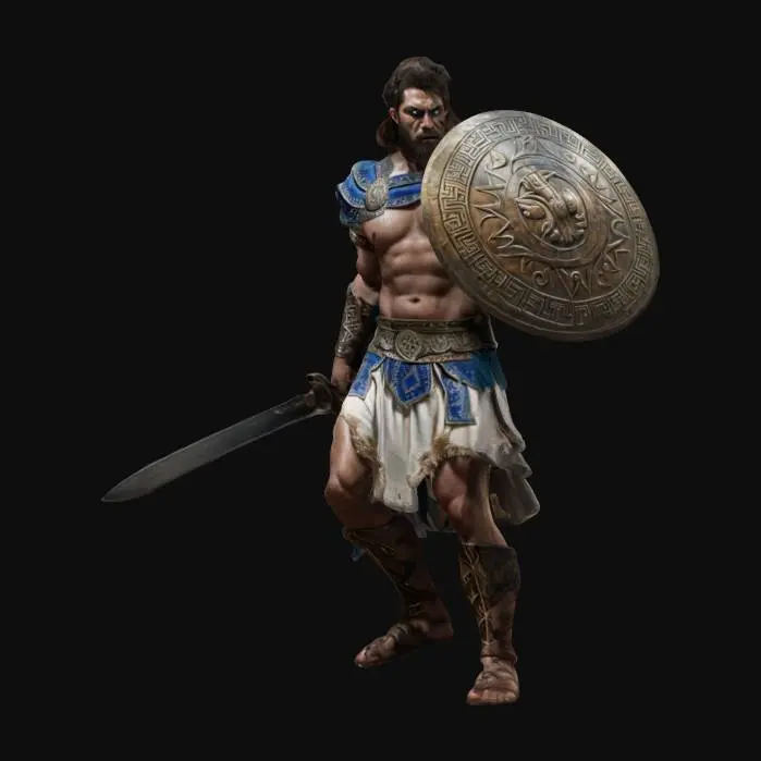 3D model for fantasy ancient Greek demigod warrior, massive muscular body, dressed in a tunic with Greek symbols, weapons in hand (sword and shield or spear), harsh expression on face, action stance, extremely details, high resolution texture, epic picture