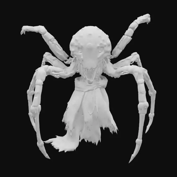 3D model for sci-fi fantasy robotic spider humanoid creature, spider body and humanoid like structure, terrifying expression, spider in attack, clawed limbs, covered in torn clothes, extremely details, high resolution texture, epic stance, #game figure#