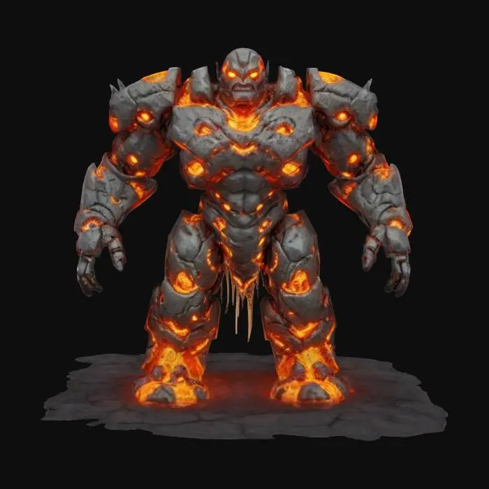 3D model for sci-fi robotic lava golem, massive body with massive iron limbs, from limbs dripping molten metal, magmatic cracks are visible on the chest and limbs, glowing core highlights, detailed raged face, extremely detailed, high resolution texture, epic stance