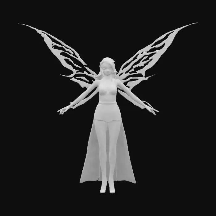 3D model for fantasy magical fairy, elegant slender body floating in the air, long flowing robe without decor, large silver-transparent wings dotted with sparkles, detailed beautiful young face, the whole figure radiates magical light, extremely detailed, high resolution texture, epic stance, #fairy#