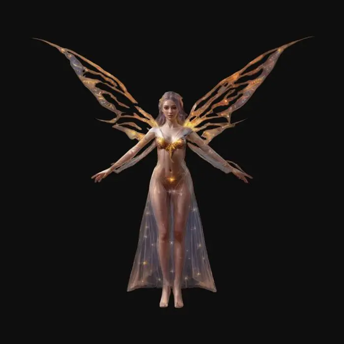 3D model for fantasy magical fairy, elegant slender body floating in the air, long flowing robe without decor, large silver-transparent wings dotted with sparkles, detailed beautiful young face, the whole figure radiates magical light, extremely detailed, high resolution texture, epic stance, #fairy#