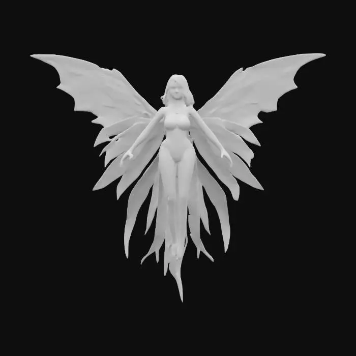 3D model for fantasy magical fairy, elegant slender body floating in the air, long flowing robe without decor, large silver-transparent wings dotted with sparkles, detailed beautiful young face, the whole figure radiates magical light, extremely detailed, high resolution texture, epic stance, #fairy#