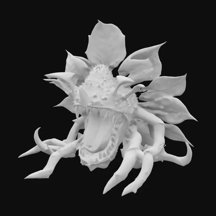 3D model for fantasy carnivorous flower creature, strong stems and leaves, instead of a flower an open mouth full of sharp teeth, in attack, extremely detailed, high resolution texture, epic stance, #garden#