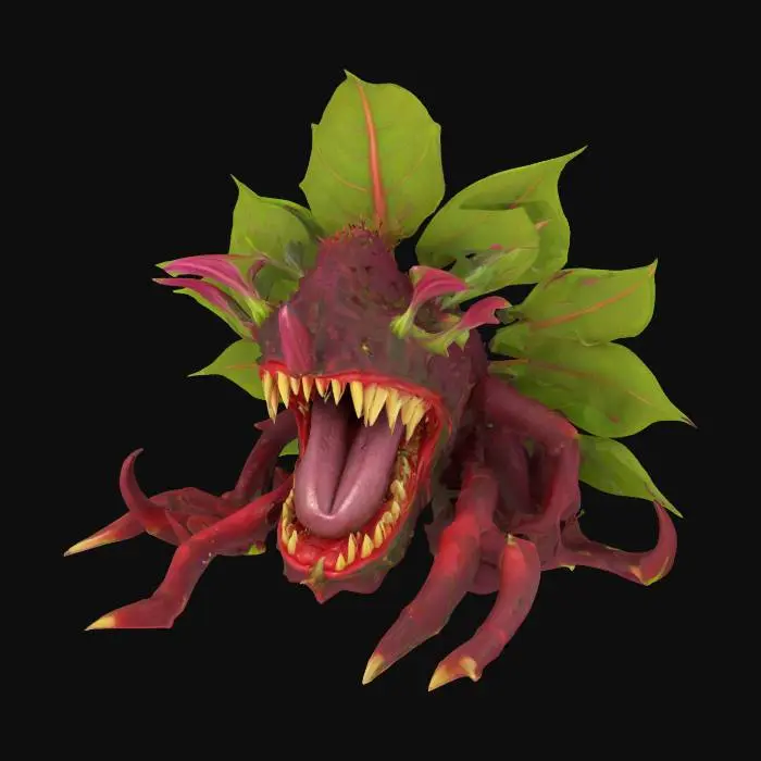 3D model for fantasy carnivorous flower creature, strong stems and leaves, instead of a flower an open mouth full of sharp teeth, in attack, extremely detailed, high resolution texture, epic stance, #garden#
