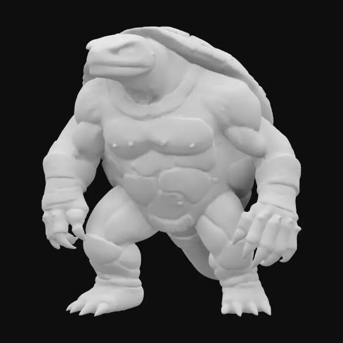 3D model for fantasy humanoid stone turtle, massive body with stone crystals, massive paws ending in claws, head covered with a stone shield, light shining through the stone plates, extremely detailed, high resolution texture, epic stance