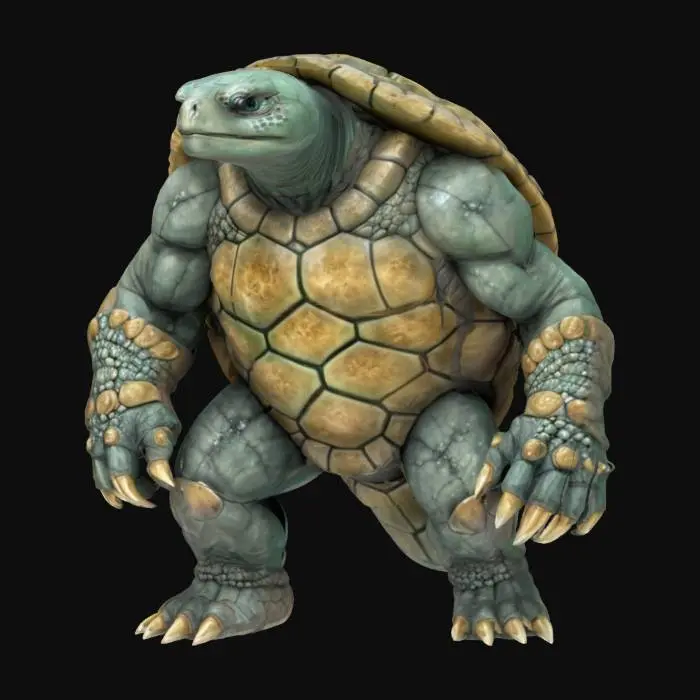 3D model for fantasy humanoid stone turtle, massive body with stone crystals, massive paws ending in claws, head covered with a stone shield, light shining through the stone plates, extremely detailed, high resolution texture, epic stance