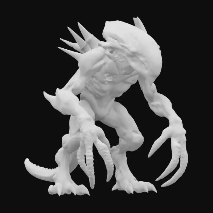 3D model for sci-fi alien beast, massive hunched body, massive limbs ending in spikes, massive muzzle, elegant body surface covered with artificial skin, detailed face with dark eyes, extremely detailed, high resolution texture, epic stance
