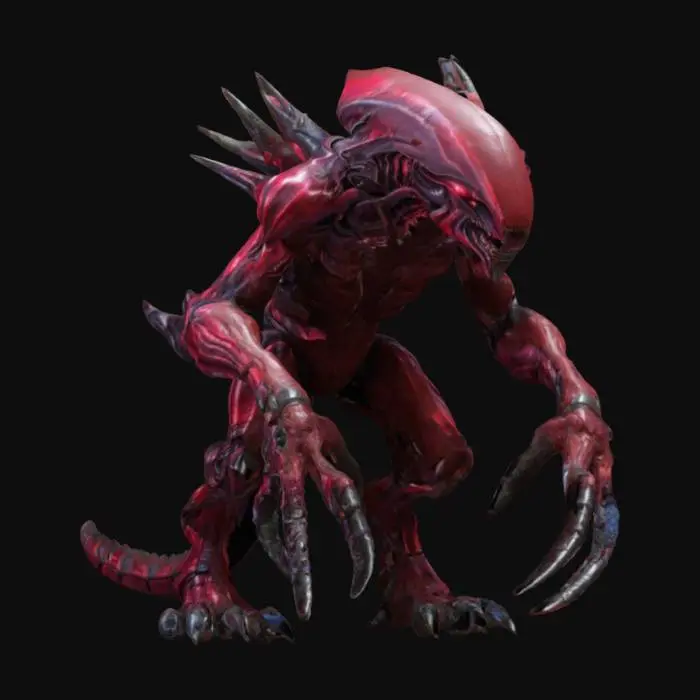 3D model for sci-fi alien beast, massive hunched body, massive limbs ending in spikes, massive muzzle, elegant body surface covered with artificial skin, detailed face with dark eyes, extremely detailed, high resolution texture, epic stance